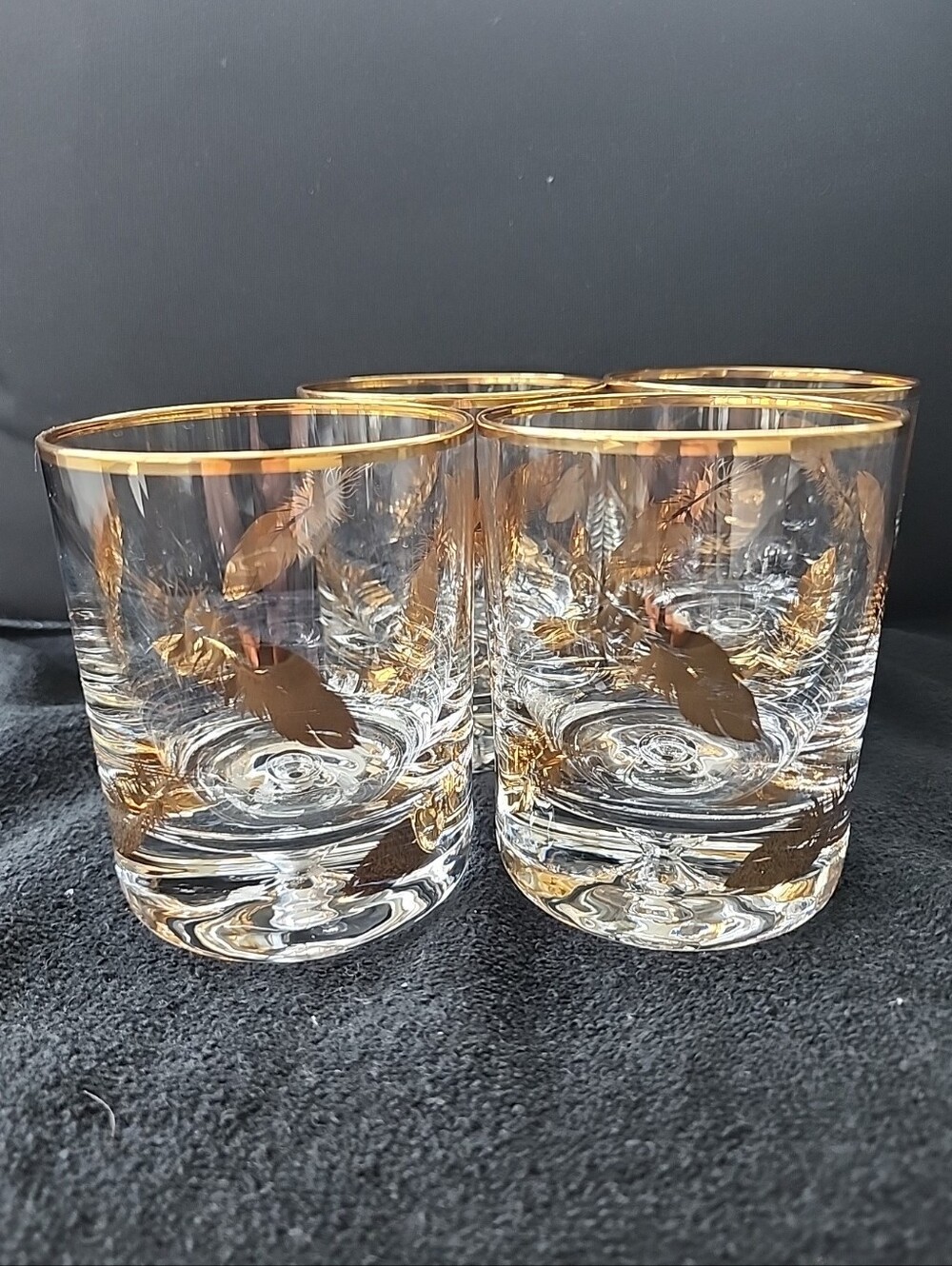 Vtg Old Fashioned Whiskey Glasses x 4 Gold Feathers Bubble Hollywood  Regency